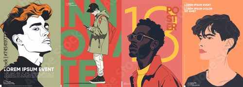 Male figures in various fashion-forward poses, each poster is marked by a unique blend of bold colors, modern design elements, and eye-catching fonts, suitable for trendy cover designs, sales, banner.