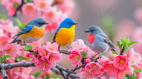 Colorful Bird. Songbird in Cherry Blossoms © EwaStudio