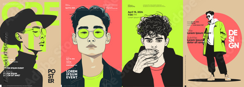  typographic poster designs, each featuring a stylized profile or frontal view of a male subject with a distinct fashion sense. Perfect for modern sale promotions, cover designs, and event banner.
