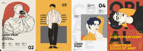 Collection of four typographic poster designs featuring stylish illustrations of human figures and faces with bold typography and a retro color palette.
