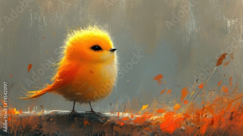 Yellow Bird in a Painting, A Small Yellow Bird on a Branch, Artistic Portrayal of a Yellow Bird, A Painted Yellow Bird with Orange Feathers. photo