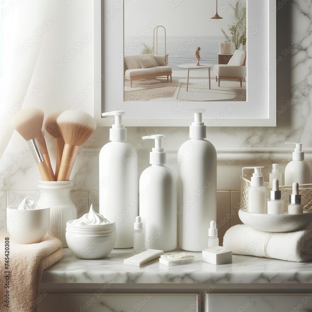 white bottles and tubes with cosmetics on white marble shelf in the bathroom for relax spa card decor white bottles and tubes with cosmetics on white marble shelf in the bathroom for relax spa card decor