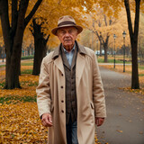 An elderly man in a raincoat and hat walks through an autumn park