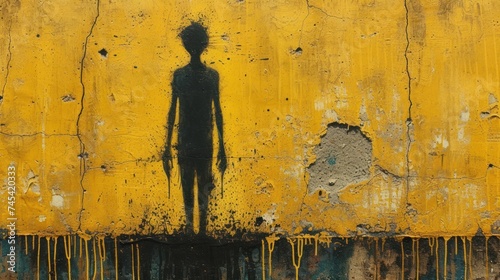 The Silhouette of a Man, A Shadow on the Wall, Yellow Background with Black Outline, The Figure in the Yellow Wall. photo