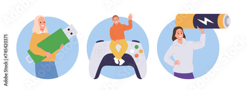Happy people tiny cartoon character holding huge electronic device isolated round composition set