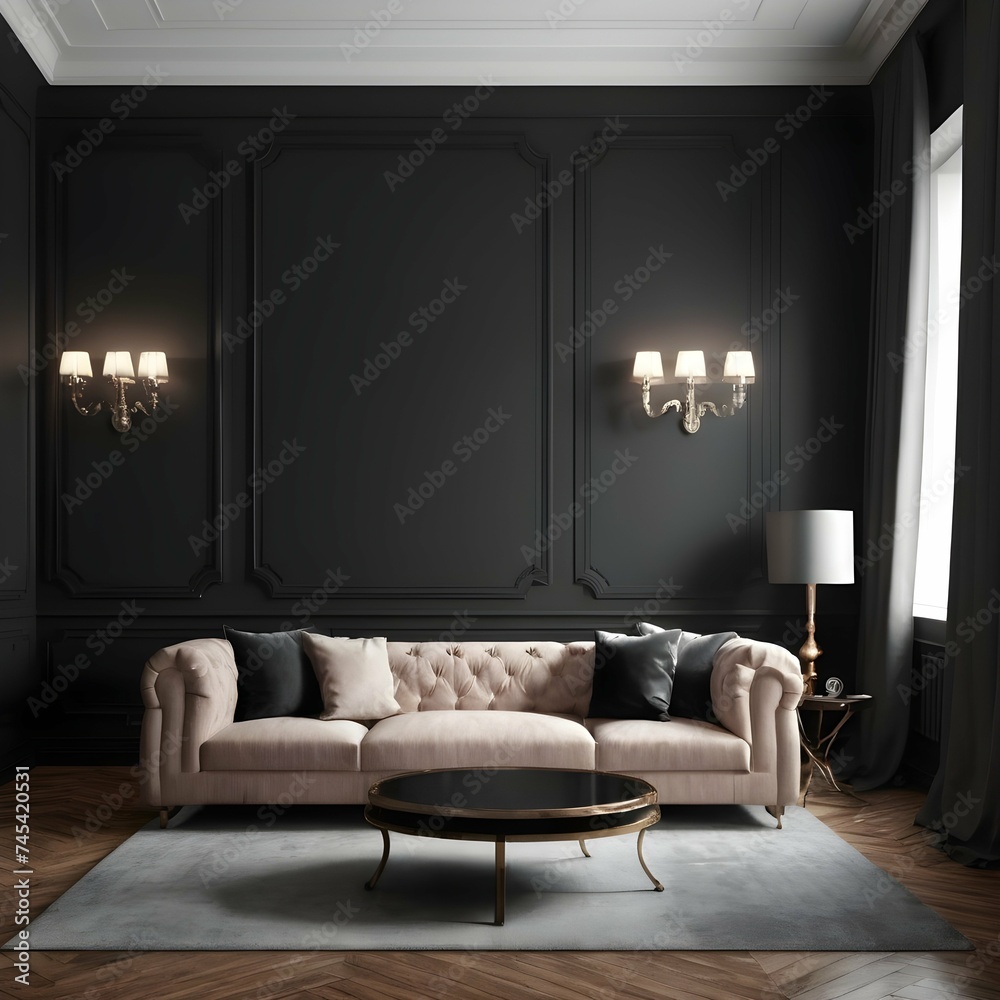 Modern interior design with upholstered furniture set against a traditional dark wall for the home or business. Modern interior design with upholstered furniture set against a traditional dark wall for the home or business.