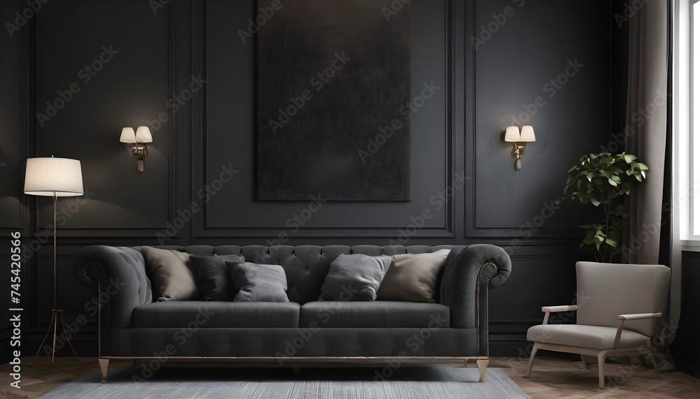 Modern interior design with upholstered furniture set against a traditional dark wall for the home or business. Modern interior design with upholstered furniture set against a traditional dark wall for the home or business.