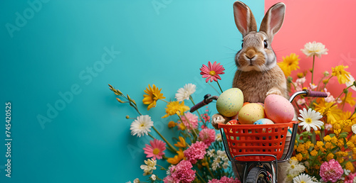 Easter bunny on a bicycle with eggs in a basket, amidst flowers, on a pink and blue background photo