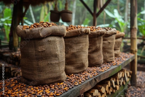 Sacks filled with cocoa beans on display, showcasing the raw ingredient of chocolate. photo