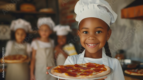 A smiling child dressed as a chef holds out a pizza, children wearing apron stand behind her on restaurant kitchen, African-American girl, pizza workshop for children