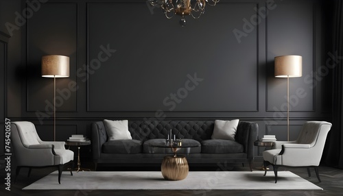 Modern interior design with upholstered furniture set against a traditional dark wall for the home or business.
