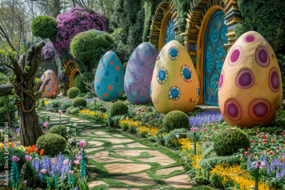 Enchanting Easter Garden with Giant Decorative Eggs and Blooming Flowers