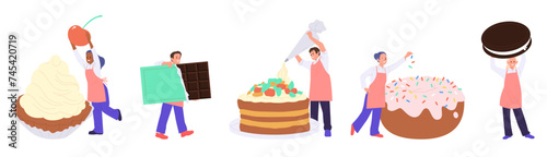 Pastry chef cartoon characters isolated set with giant cake, chocolate, biscuit cookie and cupcake