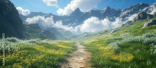 A painting depicting a narrow path winding through rugged mountains, with towering peaks in the background. Lush greenery lines the sides of the path, leading the viewers gaze into the distance.