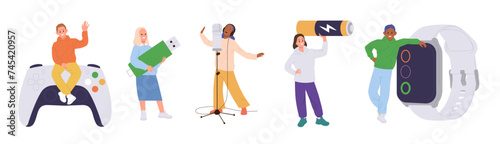 Diverse people tiny cartoon characters with big electronics isolated set on white background