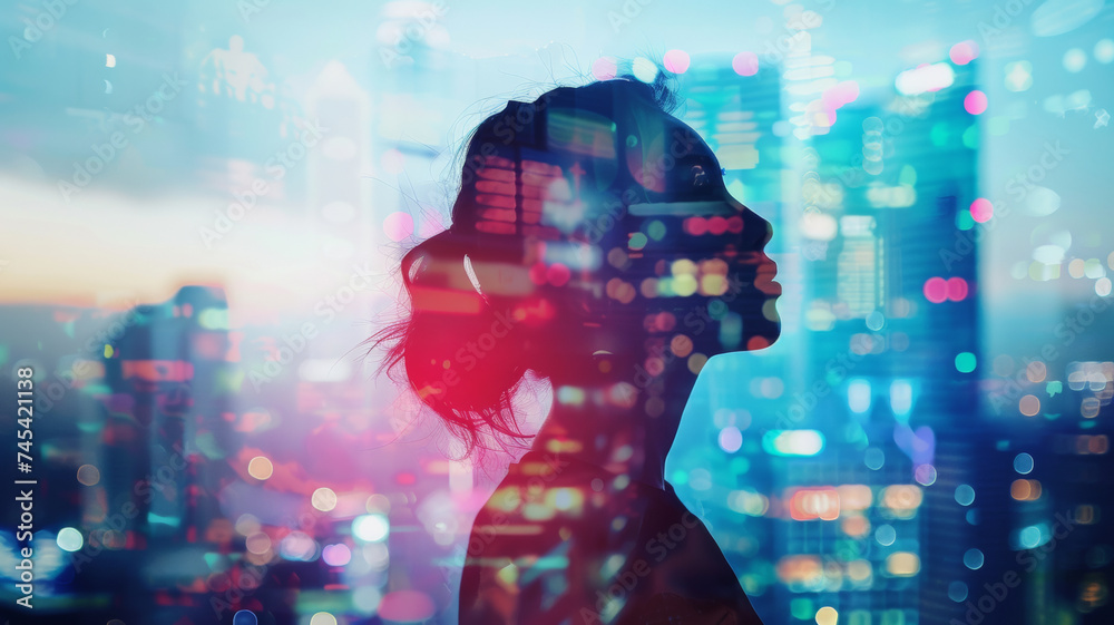Urban dreamscape, a woman's silhouette merges with the city's vibrant nightlife Urban dreamscape, a woman's silhouette merges with the city's vibrant nightlife