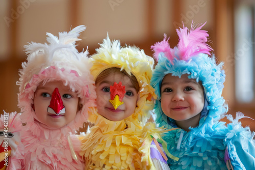 Three Adorable Children Dressed in Colorful Chicken Costumes for a Play