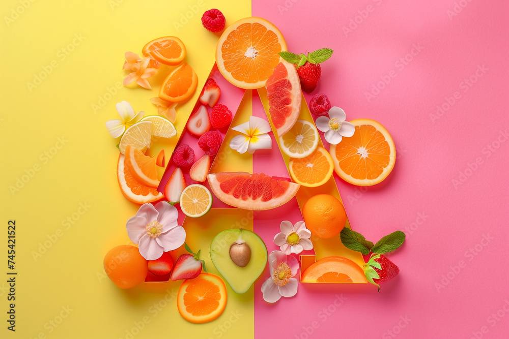 the letter A made up of summer and fruit elements with yellow, pink and orange background