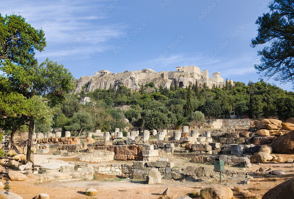 Panoramic view of the Acropolis of Athens From below the Roman Agora which was the commercial, political and social center in the heart of the ancient city of Athens (Greece)