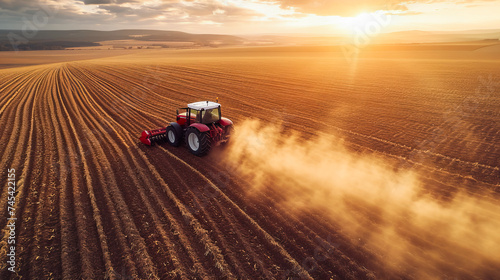 Tractor in the Fields. Farming Landscape