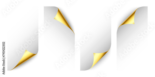 Set of golden paper curls. Curled page corner with shadow. Blank sheet of paper. Colorful shiny foil. Design element for advertising and promotion. Vector illustration.