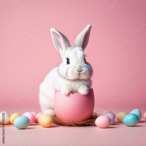 Happy Easter banner with cute Easter bunny hatching from pink Easter egg on pastel pink background. Illustration of Easter rabbit sitting in cracked eggshell. Happy Easter greeting card. Copy space.