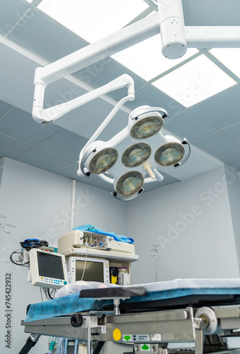 Emergency hospital lights. Healthcare modern surgery equipment.