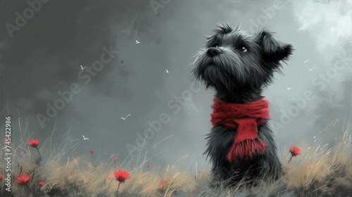 A Dog in the Field, Scruffy Terrier with Red Scarf, The Lonely Dog, The Small Black Dog. photo