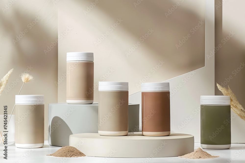A set of supplement jars in soothing neutral colors, presented on a circular platform with natural shadows A set of supplement jars in soothing neutral colors, presented on a circular platform with natural shadows