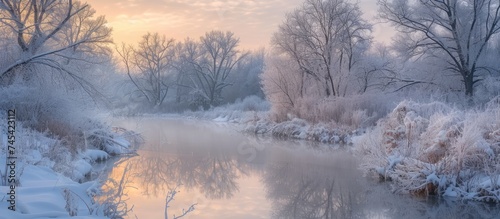 A river winds its way through a winter landscape, flanked by trees blanketed in snow. The icy sunrise casts a golden glow on the canaled foliage. photo