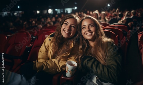 Two modern friends are seen sitting in a cinema, enjoying each other's company while delighting in the experience of watching a film together.Generated image