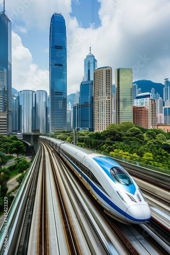 A modern bullet train is zooming through a cityscape, with tall urban skyscrapers lining the tracks. The trains sleek design contrasts with the bustling city environment as it swiftly passes by