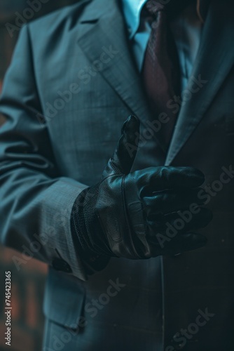 A man dressed in a suit and tie is shown wearing black gloves to prevent leaving fingerprints. The individual appears ready for a formal event or professional setting
