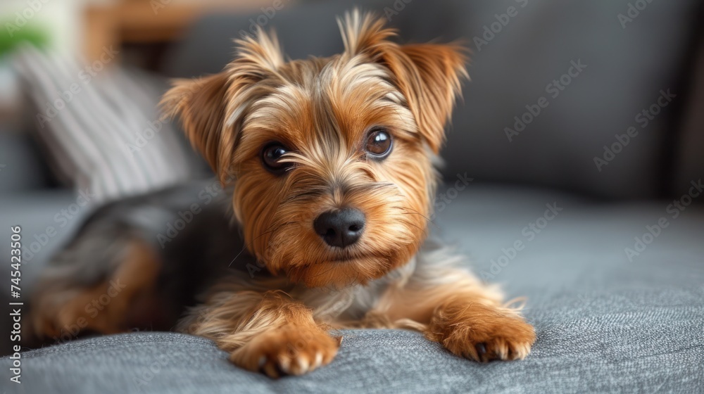 Cute Little Dog Resting on a Couch, Adorable Puppy Laying on the Sofa, Smiling Terrier Sitting on a Blue Blanket, Little Yorkie Relaxing on a Gray Couch. Cute Little Dog Resting on a Couch, Adorable Puppy Laying on the Sofa, Smiling Terrier Sitting on a Blue Blanket, Little Yorkie Relaxing on a Gray Couch.