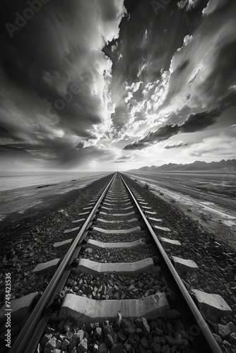 A black and white scene of a train track stretching into the distance, disappearing into the horizon. The tracks are straight and parallel, creating a sense of depth and perspective