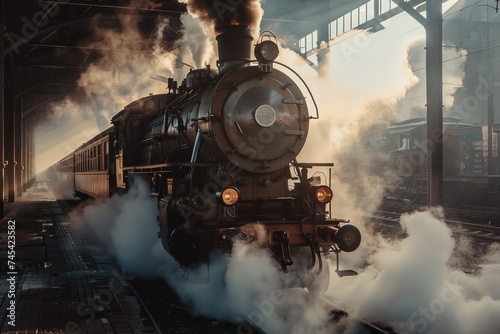 A vintage steam engine billowing smoke as it pulls out of a station