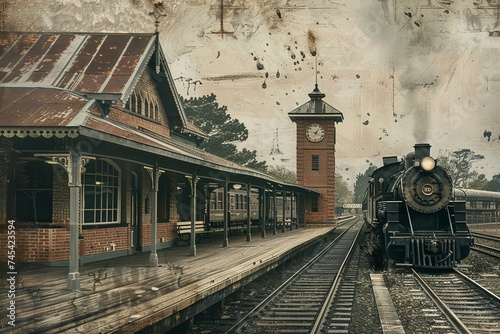 An old train station with a train parked on the tracks. The station features a clock tower and a platform. The train appears to be ready for departure or arrival