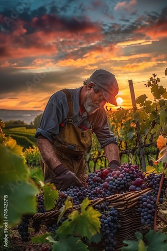 A man is picking ripe grapes in a vineyard during the golden hour of sunset. The sun casts a warm glow over the vineyard as the man carefully selects and collects the grapes for harvest