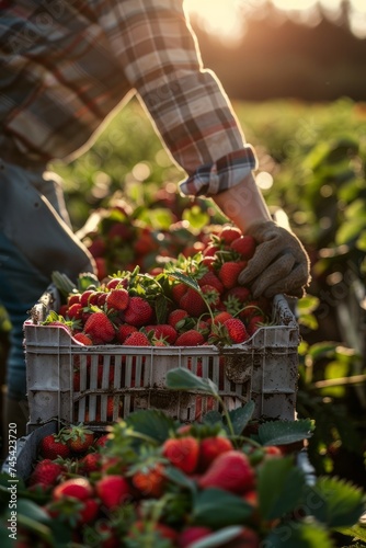 A person, VetalVit, harvesting juicy strawberries in a sunny field. The individual is focused on picking ripe strawberries from the plants, surrounded by a lush greenery and bountiful harvest © Vit
