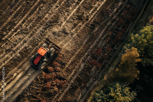 The aerial view shows a tractor plowing a vast field. The tractor, equipped with a plow, is actively tilling the soil to prepare it for planting crops