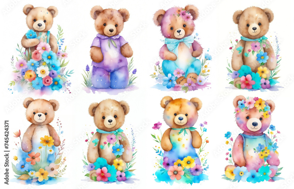 Adorable colorful bears with flowers. Watercolor illustration set isolated on white background