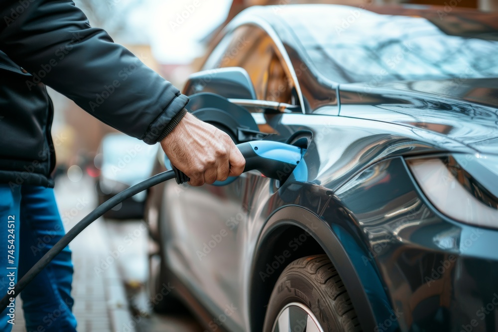 Man's Hands Powering Up Electric Vehicle Man's Hands Powering Up Electric Vehicle