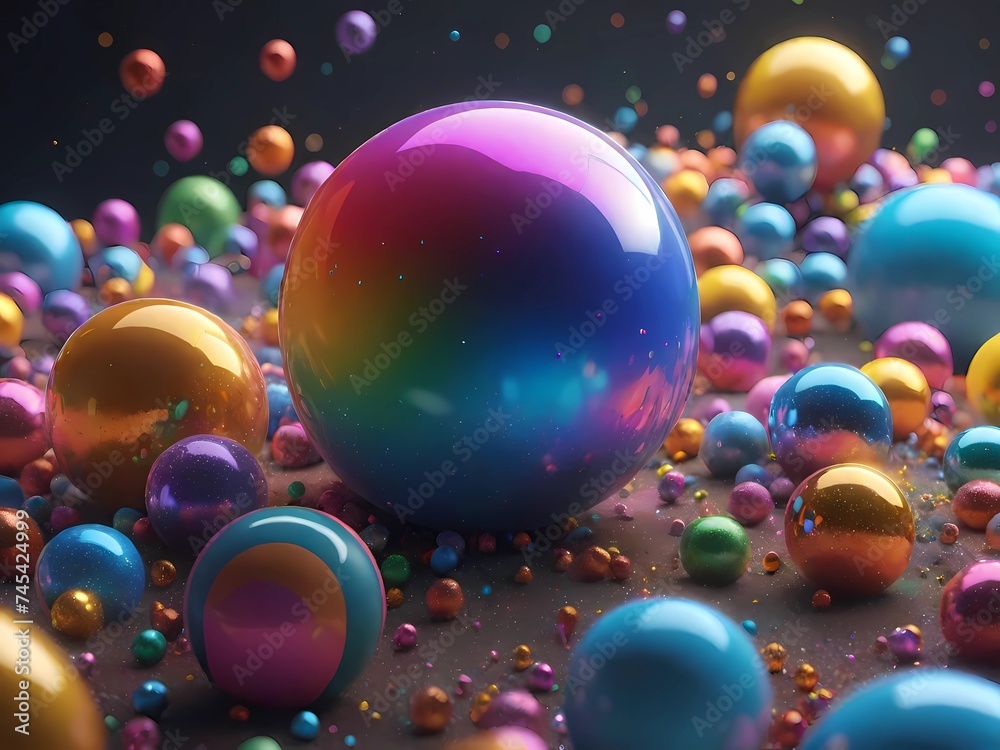 a visually stimulating array of colorful, reflective spheres in various sizes, giving the impression of a playful and imaginative setting a visually stimulating array of colorful, reflective spheres in various sizes, giving the impression of a playful and imaginative setting