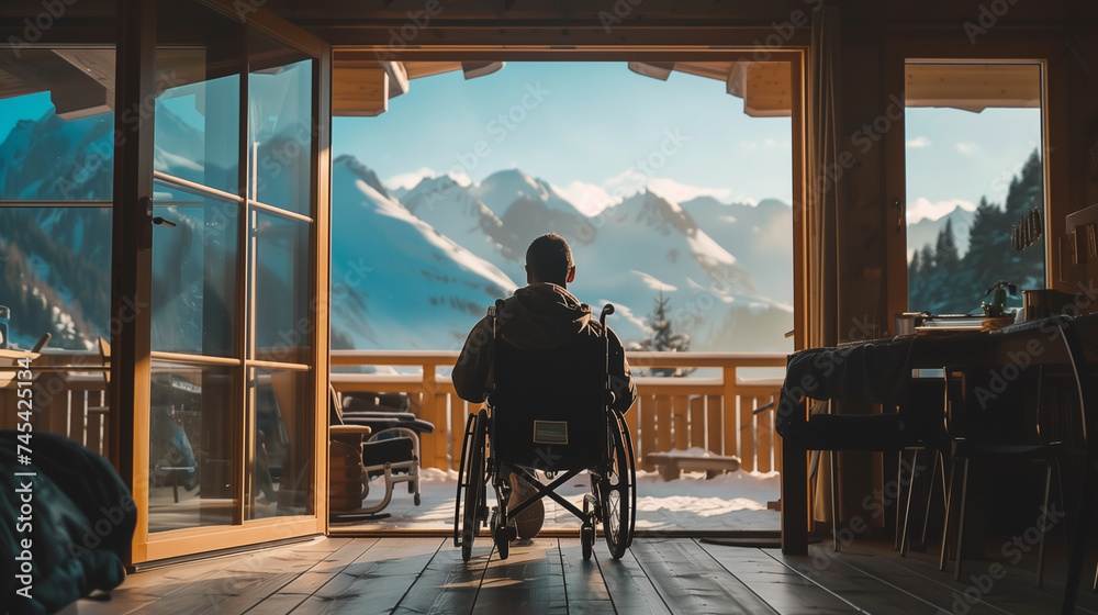 Homme en fauteuil roulant de dos regarde un paysage montagne sublime depuis un chalet en bois, vacances à la montagne avec un handicap, été - obrazy, fototapety, plakaty 
