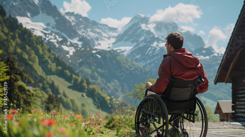 Homme en fauteuil roulant de dos regarde un paysage montagne sublime depuis un chalet en bois, vacances à la montagne avec un handicap, été photo