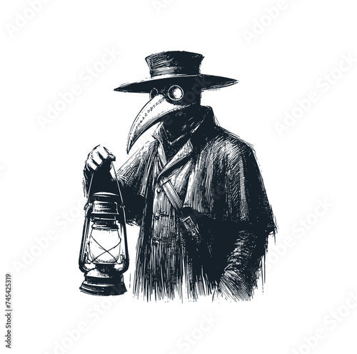 The Plague Doctor hold a vintage lantern. Black white vector illustration.