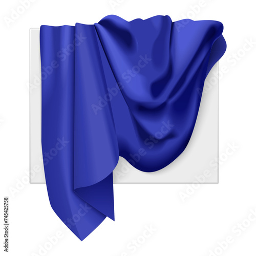 White box covered with blue silk, 3D hidden board under draped satin fabric vector illustration