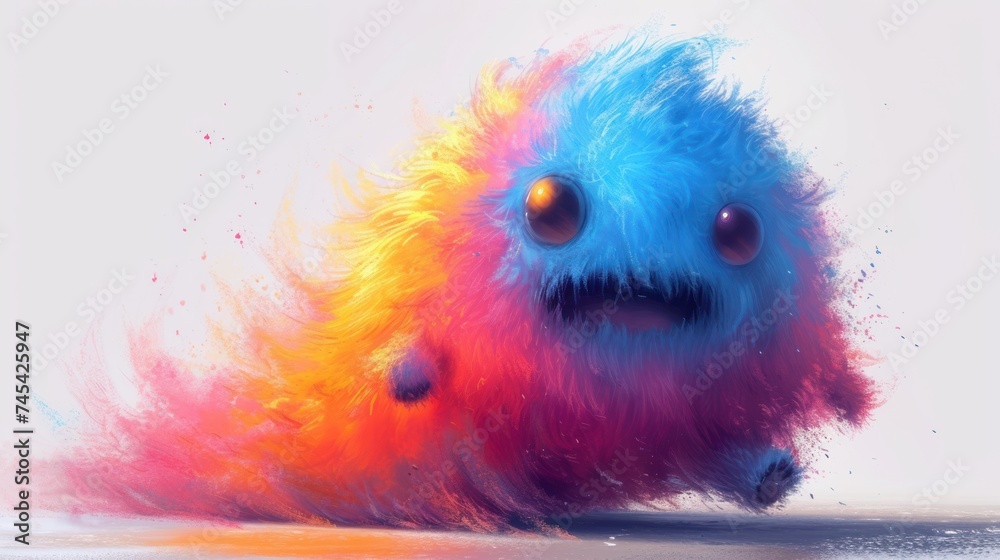 Colorful Monster Running, Purple, Orange and Blue Creature in Motion, Vibrant Cartoon Character on the Move, Fast-Moving Mixed Color Monster.