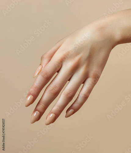 Female hand with manicure on beige background