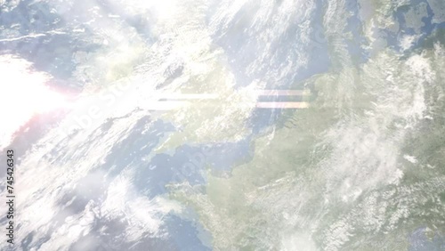 Earth zoom in from space and focus on London Heathrow Airport. 3D Animation. Background for travel intro.